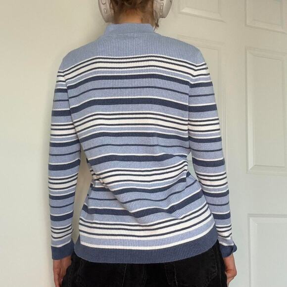 Blue white striped ribbed turtleneck Karen Scott size medium - Picture 4 of 8